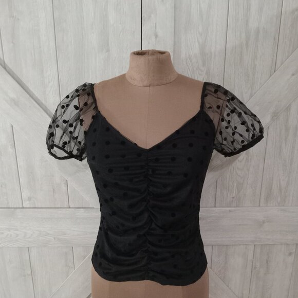 AMBIANCE-NWT Black Sheer Lace Polka Dot Puff Sleeve Elegant Mesh Top-Size-M - Picture 1 of 12